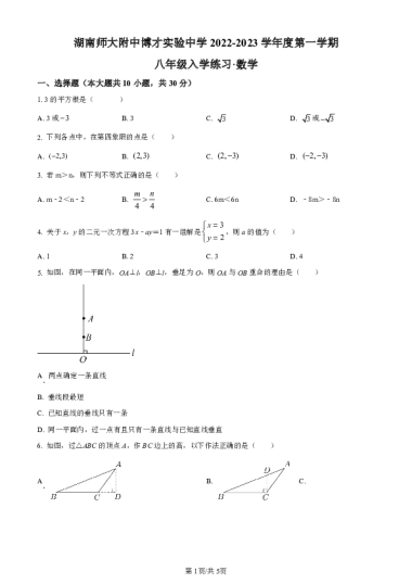 【试卷】师大附中博才实验中学2022-2023学年八年级上学期入学考试数学试题