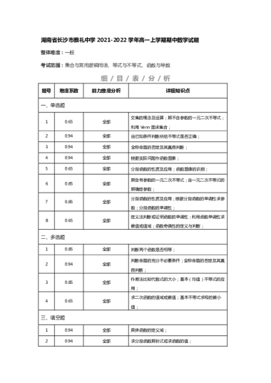 湖南省长沙市雅礼中学2021-2022学年高一上学期期中数学试题-51922c27440748708ee2a8136f7cf865