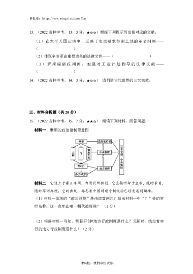 吉林省2022年初中学业水平考试历史试题-原题