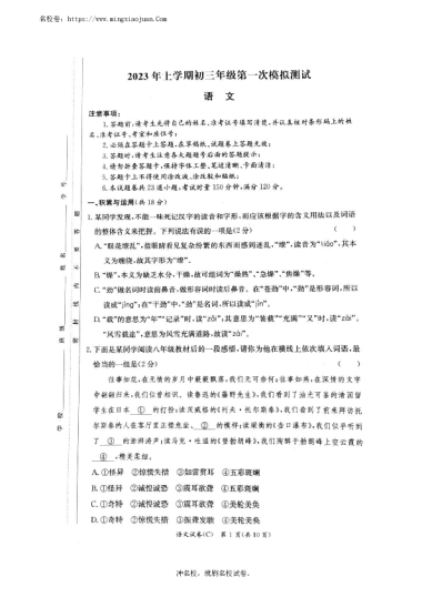 2023年长郡教育集团中考一模语文试卷（含答案）