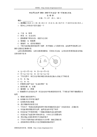 湖南师大附中2024-2025学年度高一第一学期期末考试生物学
